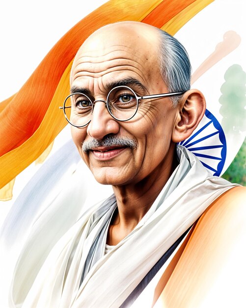 Photo serene watercolor portrait of mahatma gandhi with indian flag a timeless tribute