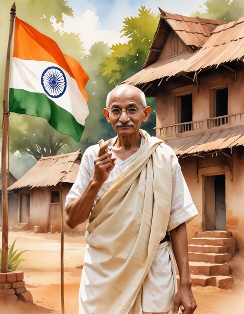 Photo serene watercolor portrait of mahatma gandhi with indian flag a timeless tribute