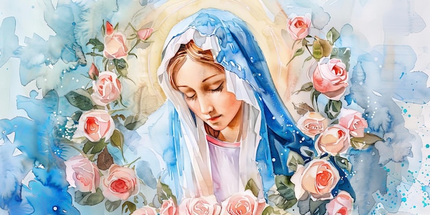 Photo serene watercolor portrait of mother mary surrounded by roses