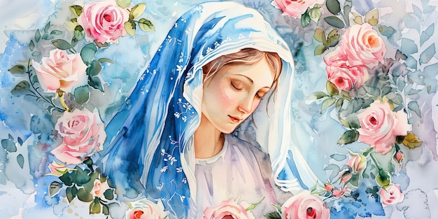 Photo serene watercolor portrait of mother mary surrounded by roses