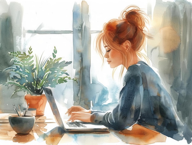 Serene watercolor of a remote worker at a cozy home office with a laptop