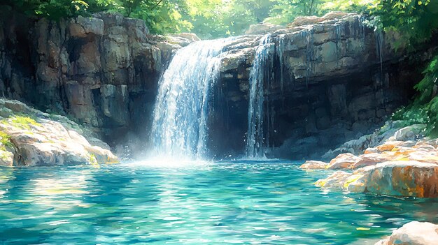 Photo serene watercolor waterfall tranquil scene with crystalclear water flowing gracefully in artistic