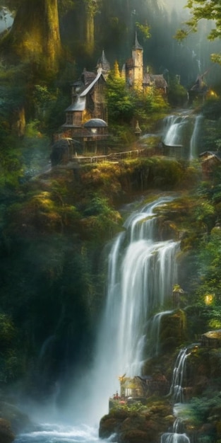 A serene waterfall cascades gracefully near a charming house