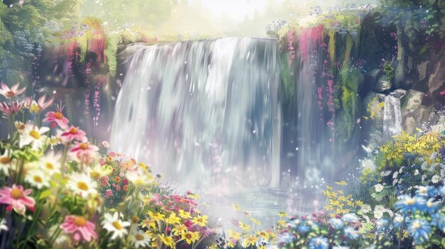 Photo a serene waterfall cascades through a lush colorful meadow bathed in sunlight