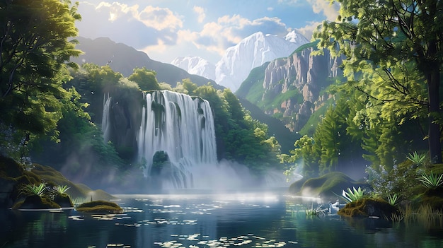 A serene waterfall cascading into a calm lake surrounded by lush green trees and snowcapped mountains