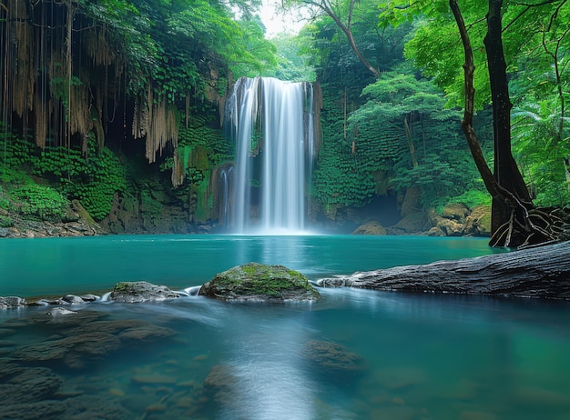 A serene waterfall cascading into crystal clear water surrounded by lush greenery in Milos at dawn