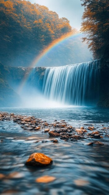 Photo serene waterfall cascading over rocky ledges with rainbow mist natures beauty and tranquility concept