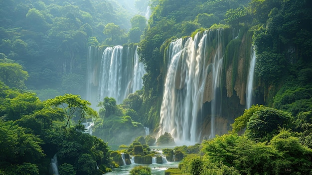 Serene Waterfall Cascading Through Lush Greenery