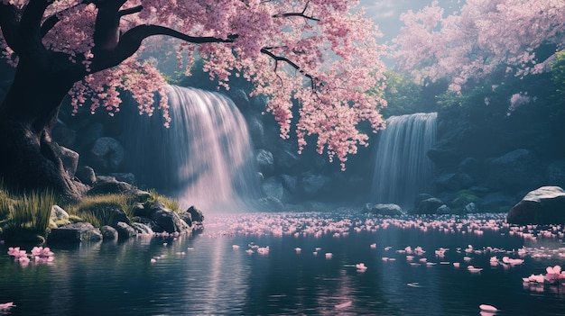 Photo serene waterfall and cherry blossoms