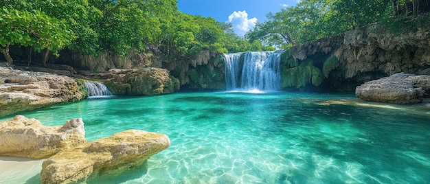 Serene Waterfall Flowing into a Tranquil Emerald Pool