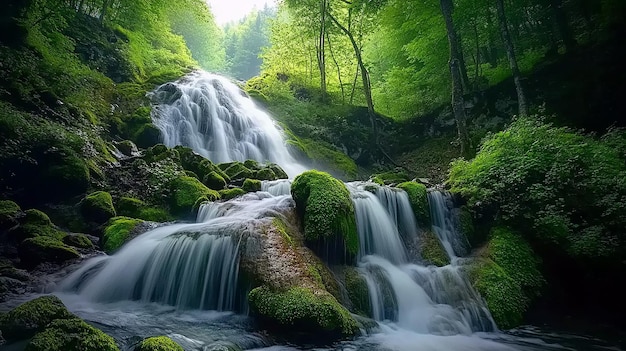 Photo serene waterfall in lush green forest