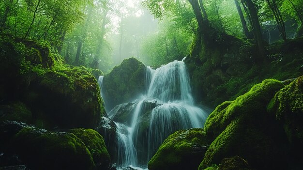 Photo serene waterfall in lush green forest