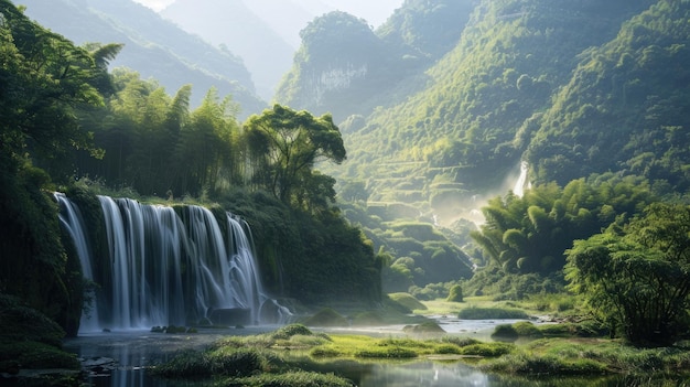 Serene Waterfall in Lush Mountains