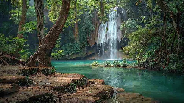 Serene Waterfall in Lush Tropical Rainforest