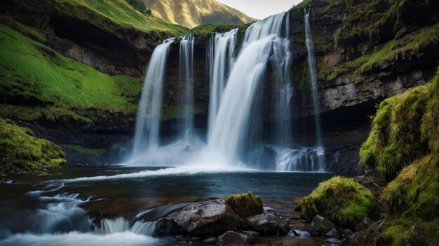 Serene waterfall with lush greenery in a tranquil forest setting