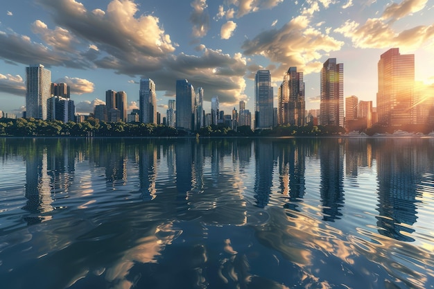 Serene waterfront cityscape with reflections in water