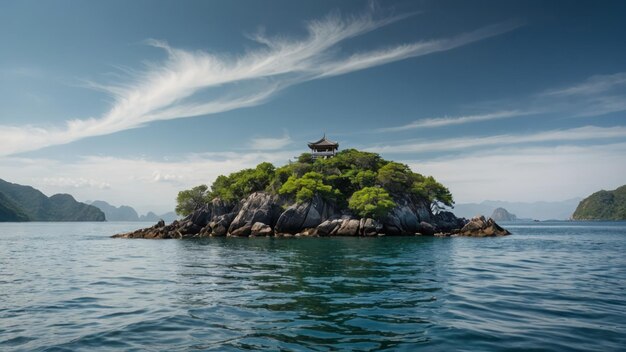 Photo serene waters with an iconic island featuring a picturesque castle surrounded by lush greenery