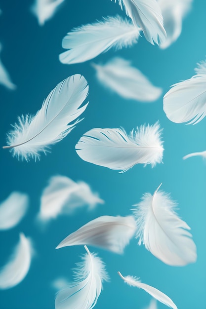 Photo serene and weightless white feathers floating in the air on a peaceful blue background pattern