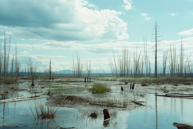 Photo serene wetland landscape with bare trees and reflective water under cloudy sky