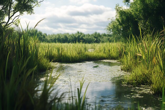 Photo serene wetland scene with lush grasses and calm water