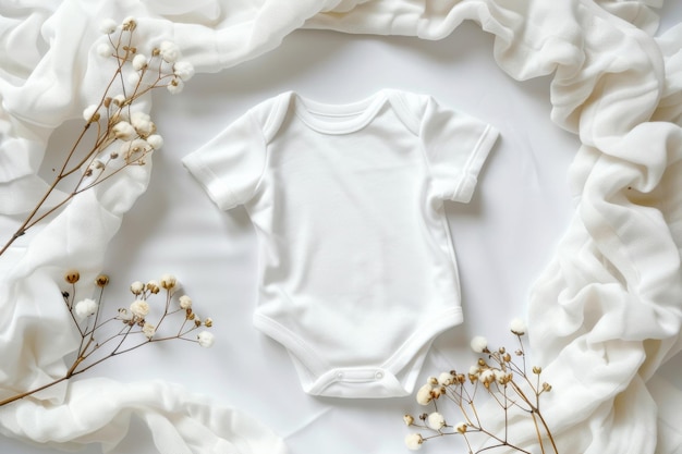 Photo serene white baby onesie with cotton sprigs on soft fabric background