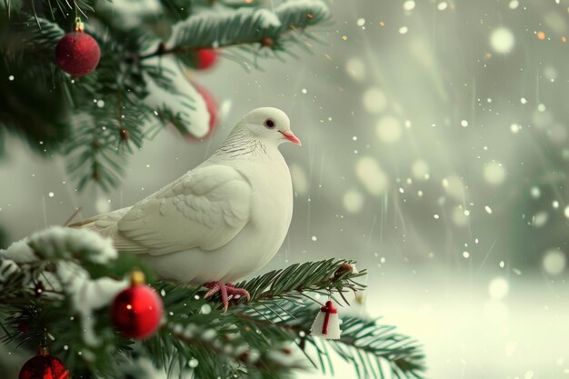 Serene white dove on festive pine branch