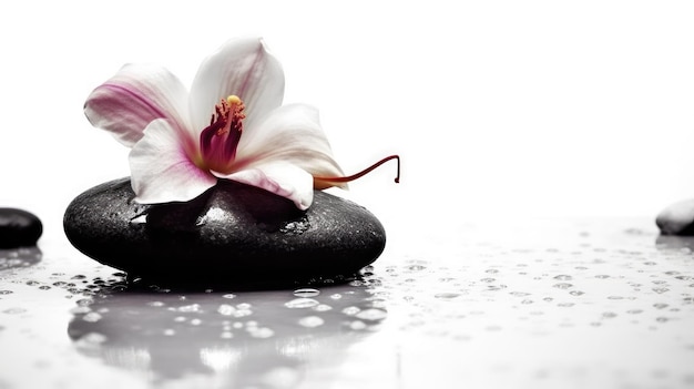 Serene White Hibiscus on Black Stone Ideal good for cosmetic perfume spa woman and girl product advertisement design material