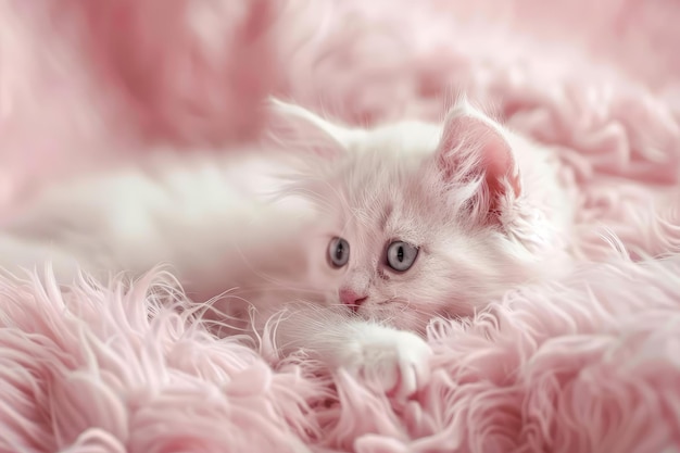 Photo serene white kitten on soft pink textile