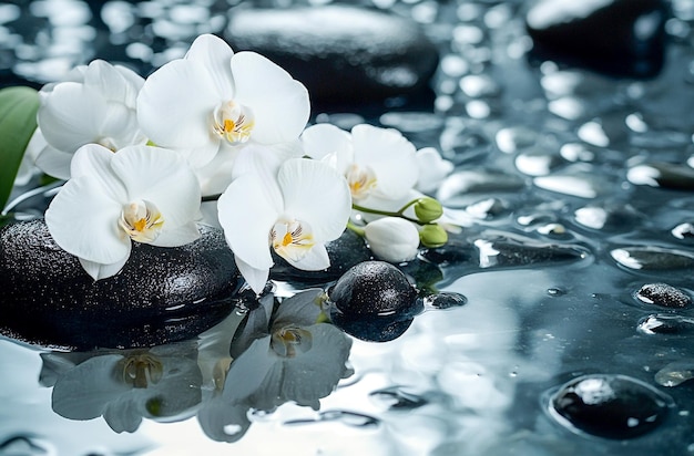 Photo serene white orchids with smooth black stones on a reflective surface for a spalike atmosphere