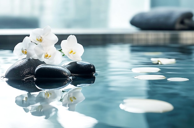 Photo serene white orchids with smooth black stones on a reflective surface for a spalike atmosphere