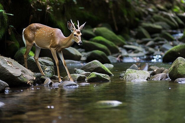 Serene Wildlife Moment Deer Drinking from a Tranquil Mountain Stream