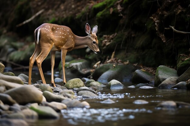 Serene Wildlife Moment Deer Drinking from a Tranquil Mountain Stream