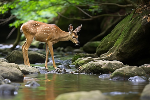 Serene Wildlife Moment Deer Drinking from a Tranquil Mountain Stream