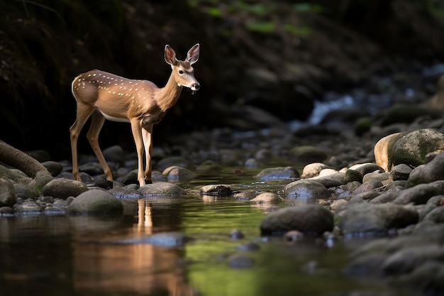 Serene Wildlife Moment Deer Drinking from a Tranquil Mountain Stream