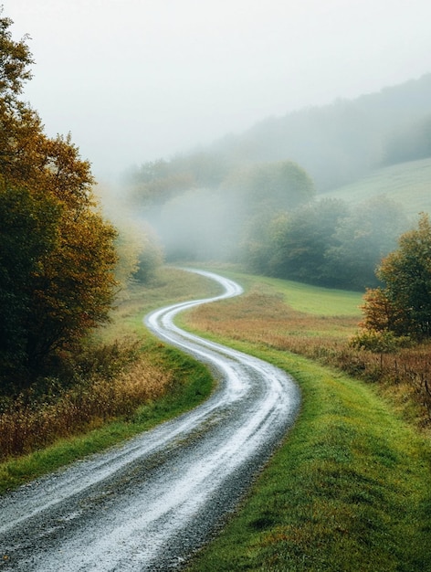 Photo serene winding country road through misty autumn landscape