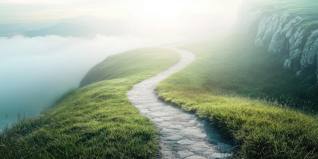 Photo a serene winding path through lush grass leading towards a misty horizon inviting exploration and tranquility in nature