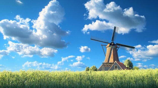 Serene Windmill Idyllic Green Field Under Blue Skies