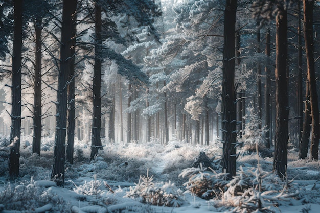 Serene Winter Forest Landscape with SnowCovered Trees for Nature and Seasonal Marketing