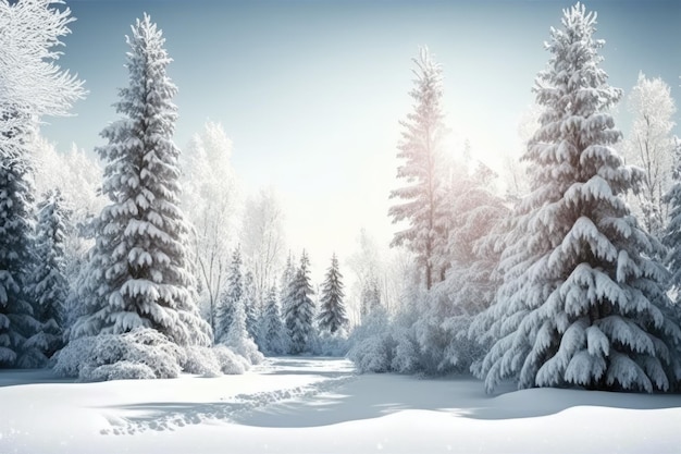 Serene winter forest with snowcovered trees Generative AI