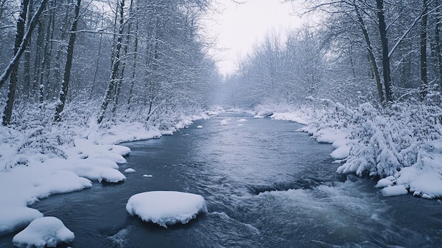 Photo a serene winter landscape featuring a gently flowing river surrounded by snowcovered trees and a clear blue sky