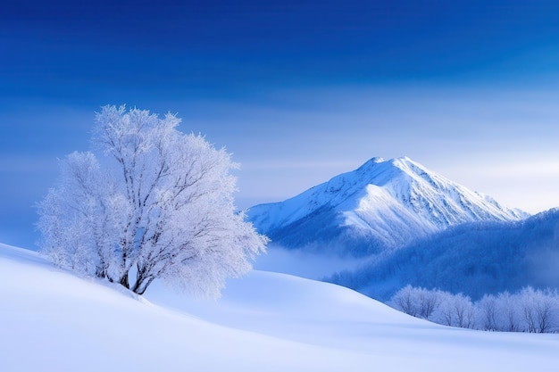 A serene winter landscape featuring a snowcovered tree and majestic mountains under a blue sky evoking a sense of tranquility and beauty