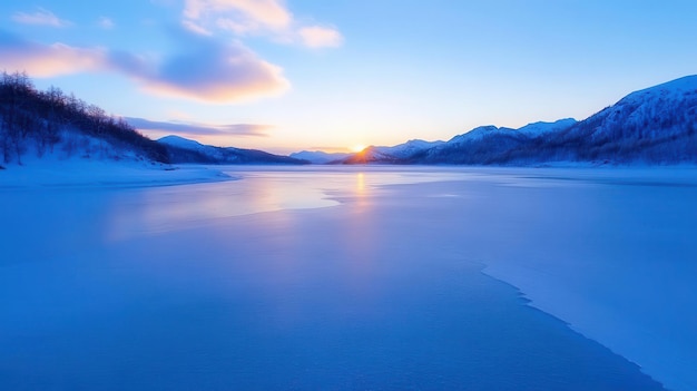 A serene winter landscape showcasing a frozen lake under a soft blue sky at sunset surrounded by snowcovered mountains