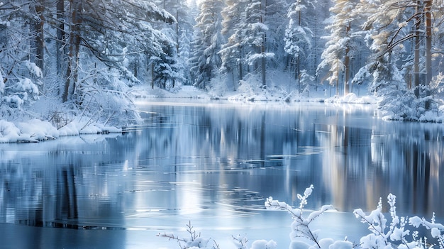 Serene winter landscape Snowcovered trees sparkle in soft light showcasing beauty