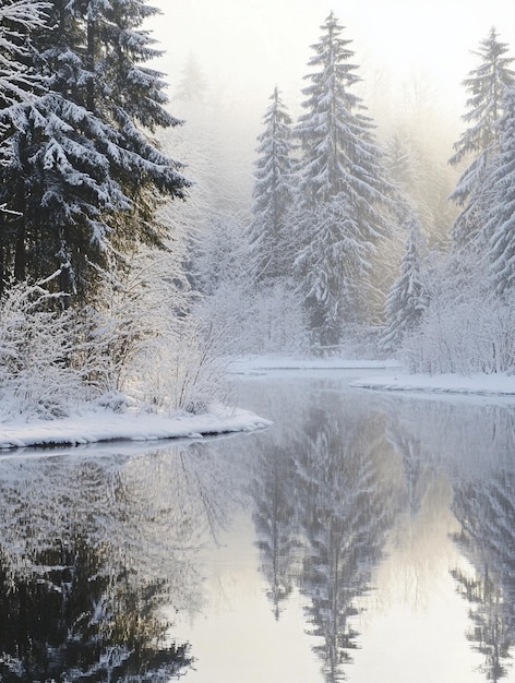 Photo serene winter landscape snowcovered trees and tranquil reflections on a frosty river