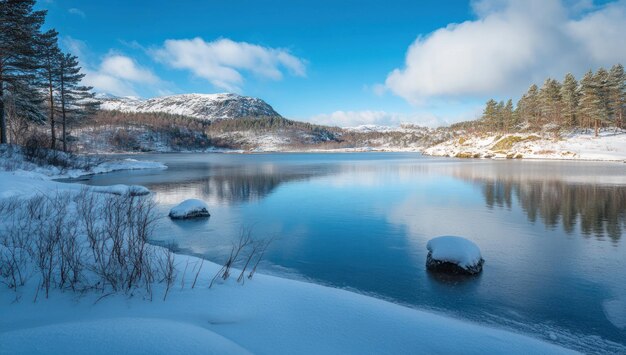 Photo serene winter landscape with a frozen lake