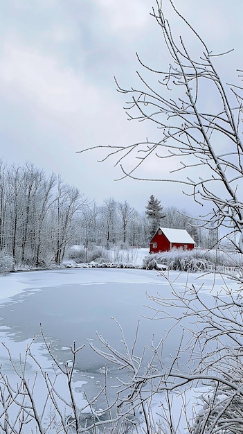 A serene winter landscape with a frozen pond snow