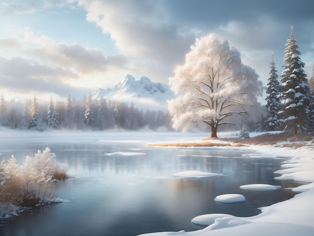 a serene winter landscape with snowcovered trees a frozen lake