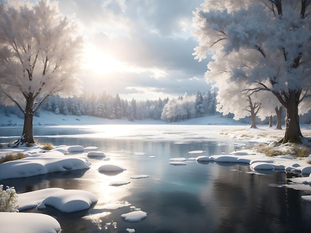 a serene winter landscape with snowcovered trees a frozen lake