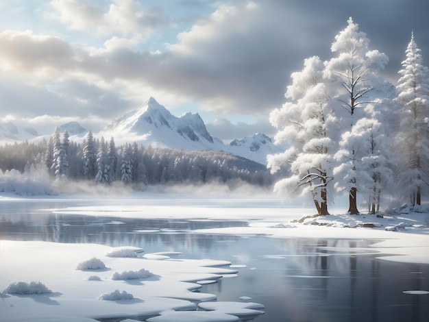 a serene winter landscape with snowcovered trees a frozen lake