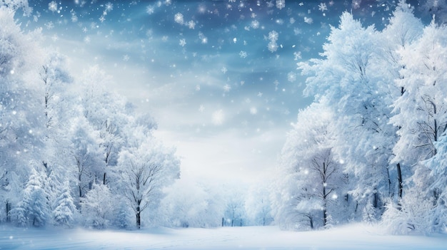 a serene winter landscape with snowcovered trees and a gentle falling snow